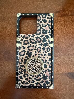 Leopard Print square iPhone 14 Pro Max Phone Case with Gold Ring Holder
